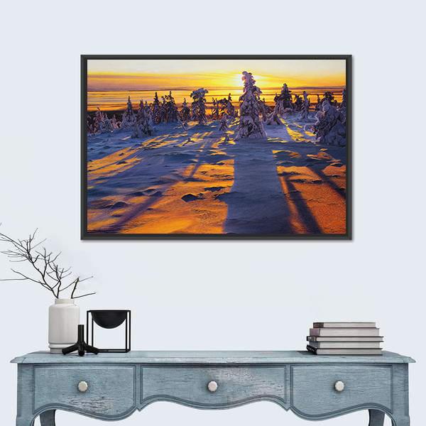 Sunrise Over Winter Landscape Canvas Wall Art-1 Piece-Floating Frame-24" x 16"-Tiaracle