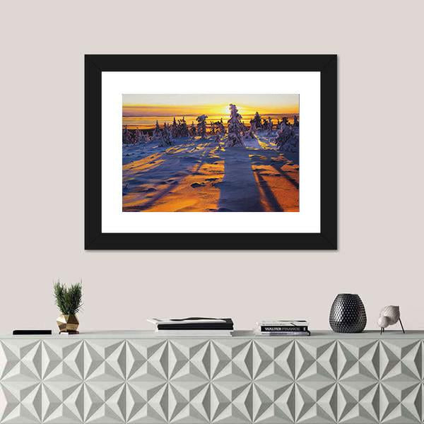 Sunrise Over Winter Landscape Canvas Wall Art-1 Piece-Framed Print-20" x 16"-Tiaracle