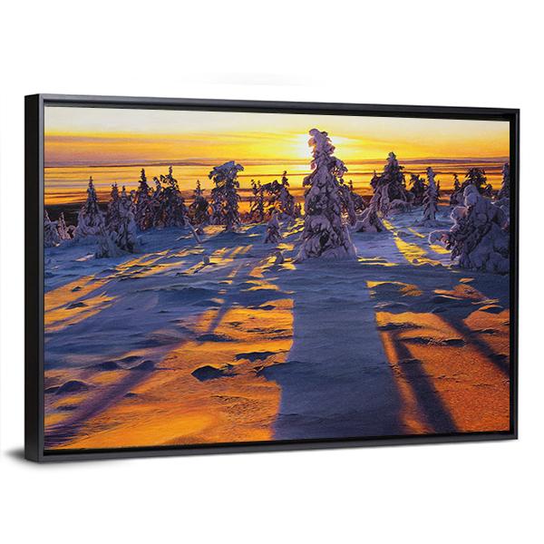 Sunrise Over Winter Landscape Canvas Wall Art-3 Horizontal-Gallery Wrap-25" x 16"-Tiaracle