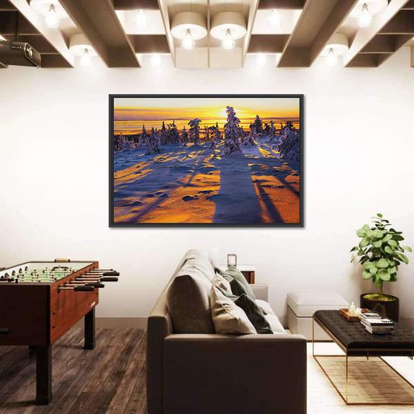 Sunrise Over Winter Landscape Canvas Wall Art-3 Horizontal-Gallery Wrap-25" x 16"-Tiaracle