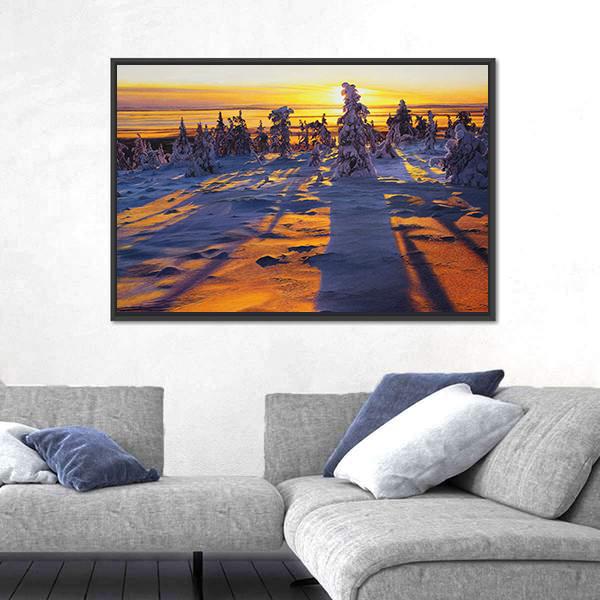 Sunrise Over Winter Landscape Canvas Wall Art-3 Horizontal-Gallery Wrap-25" x 16"-Tiaracle
