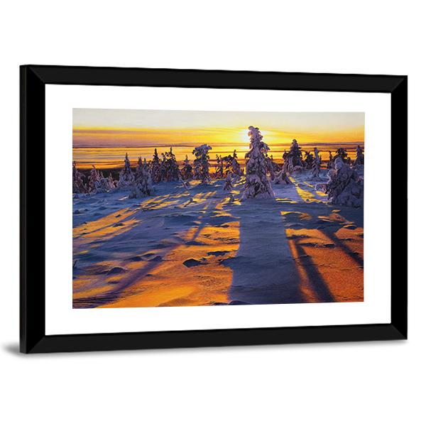 Sunrise Over Winter Landscape Canvas Wall Art-3 Horizontal-Gallery Wrap-25" x 16"-Tiaracle