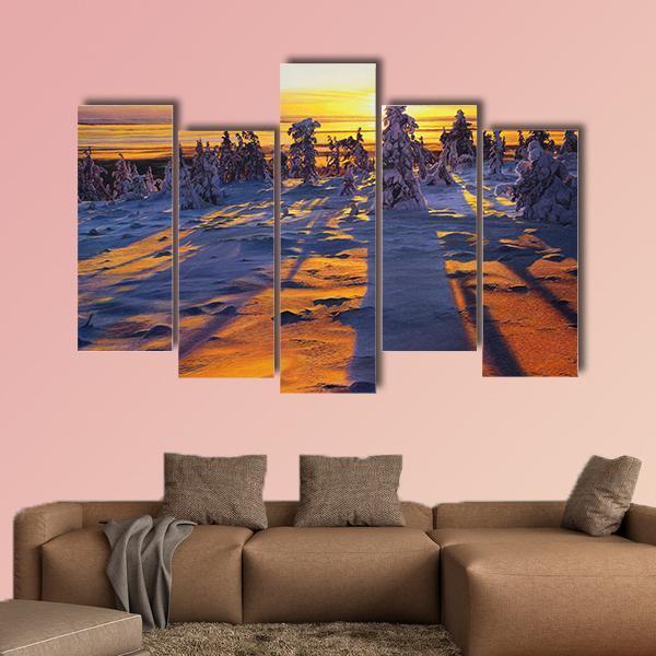 Sunrise Over Winter Landscape Canvas Wall Art-5 Pop-Gallery Wrap-47" x 32"-Tiaracle