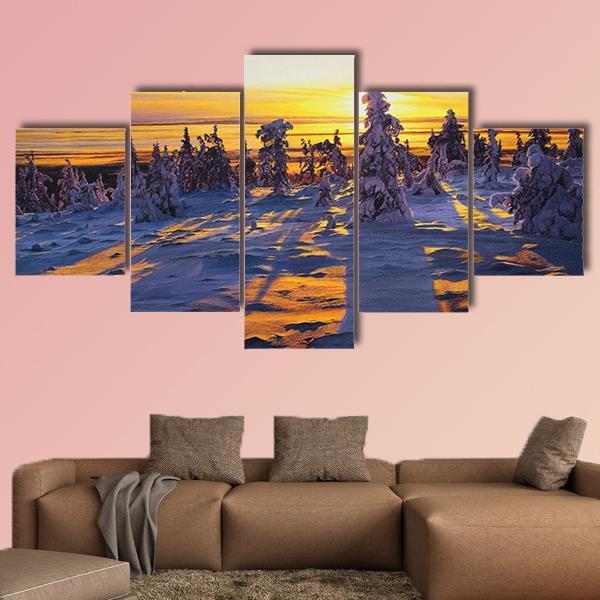 Sunrise Over Winter Landscape Canvas Wall Art-5 Star-Gallery Wrap-62" x 32"-Tiaracle