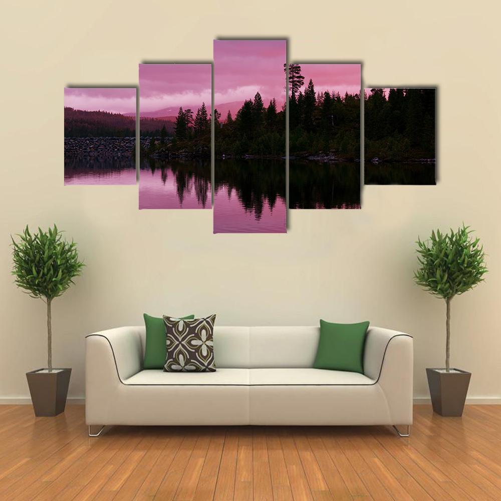 Sunrise Scene On Lake Canvas Wall Art-5 Star-Gallery Wrap-62" x 32"-Tiaracle