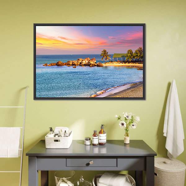 Sunrise Tropical Landscape Sea Canvas Wall Art-1 Piece-Floating Frame-24" x 16"-Tiaracle
