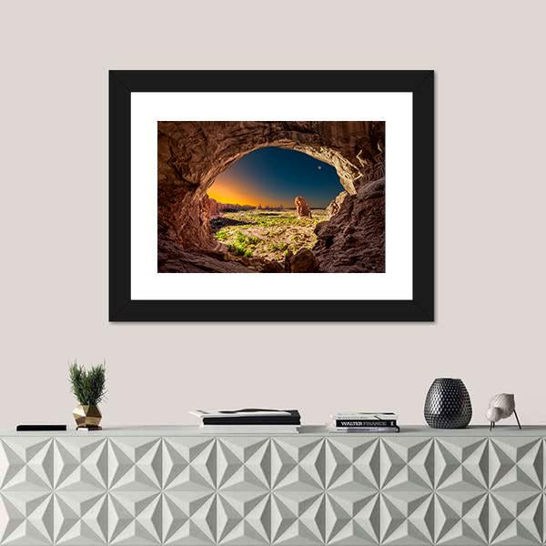 Sunrise View From Inside Double Arches Rock Canvas Wall Art-1 Piece-Framed Print-20" x 16"-Tiaracle