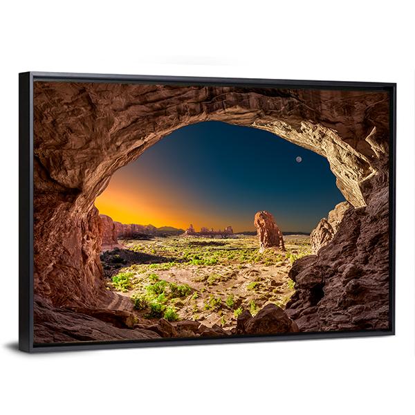 Sunrise View From Inside Double Arches Rock Canvas Wall Art-3 Horizontal-Gallery Wrap-25" x 16"-Tiaracle