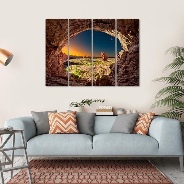 Sunrise View From Inside Double Arches Rock Canvas Wall Art-4 Horizontal-Gallery Wrap-34" x 24"-Tiaracle