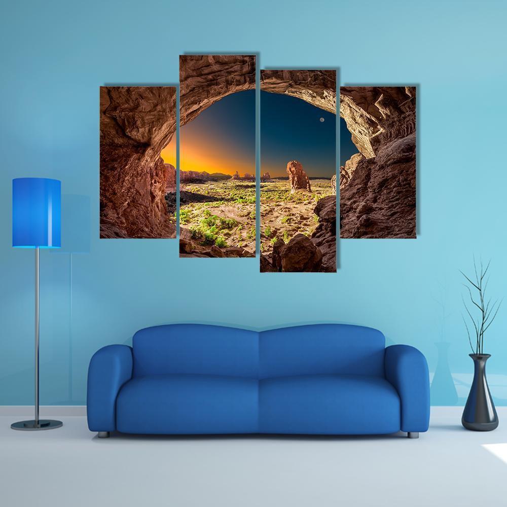 Sunrise View From Inside Double Arches Rock Canvas Wall Art-4 Pop-Gallery Wrap-50" x 32"-Tiaracle