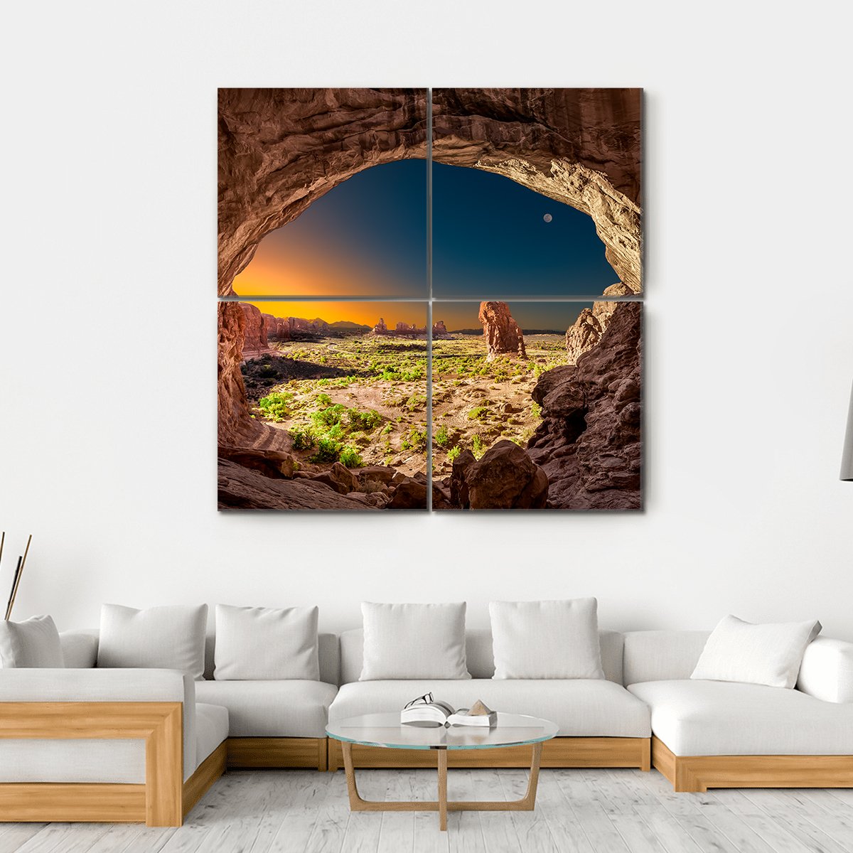 Sunrise View From Inside Double Arches Rock Canvas Wall Art-4 Square-Gallery Wrap-17" x 17"-Tiaracle