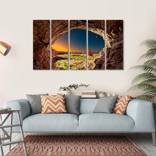 Sunrise View From Inside Double Arches Rock Canvas Wall Art-5 Horizontal-Gallery Wrap-22" x 12"-Tiaracle