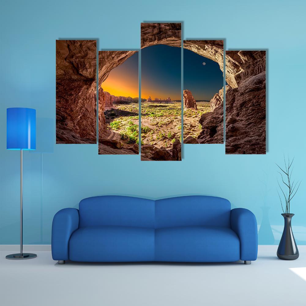 Sunrise View From Inside Double Arches Rock Canvas Wall Art-5 Pop-Gallery Wrap-47" x 32"-Tiaracle