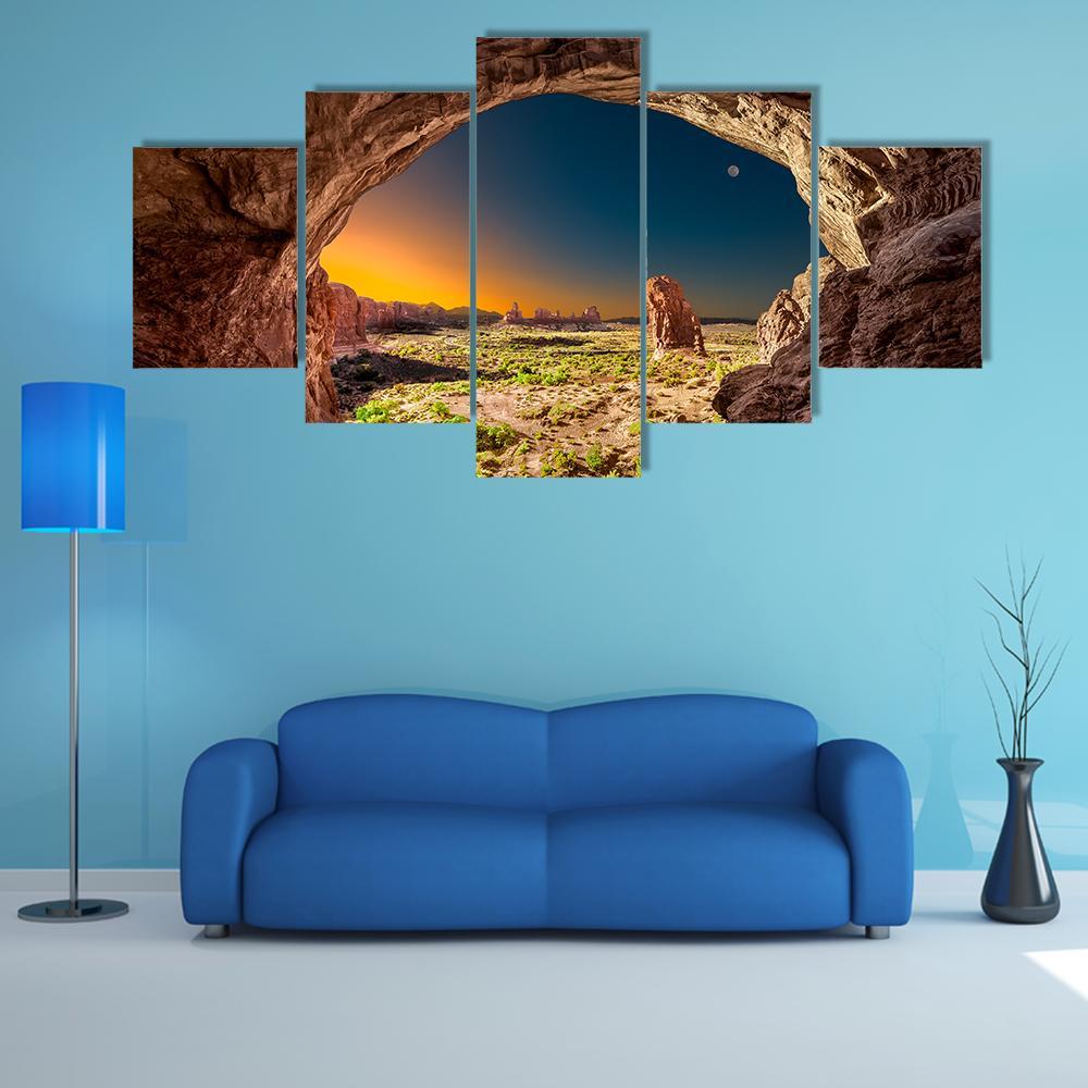 Sunrise View From Inside Double Arches Rock Canvas Wall Art-5 Star-Gallery Wrap-62" x 32"-Tiaracle