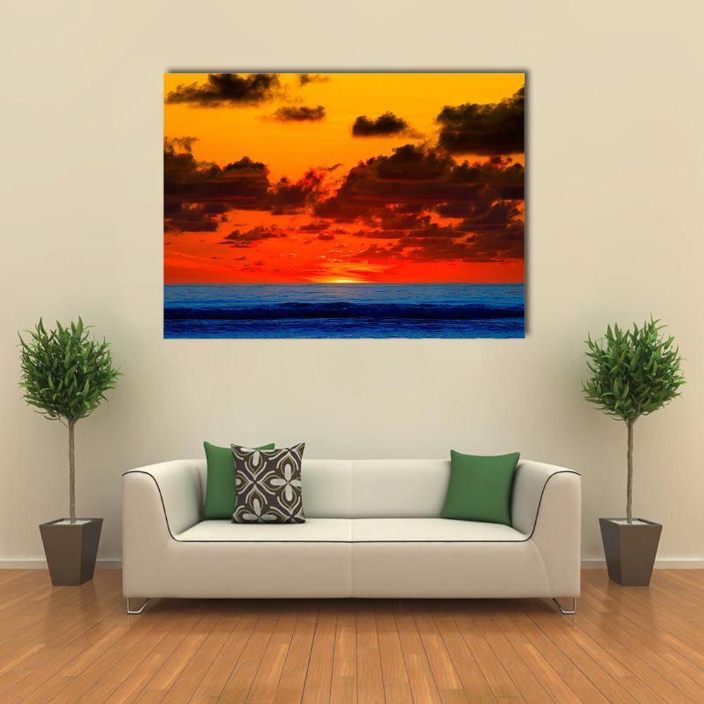 Sunrise With Bright Red Sky On Sea Canvas Wall Art-1 Piece-Gallery Wrap-48" x 32"-Tiaracle