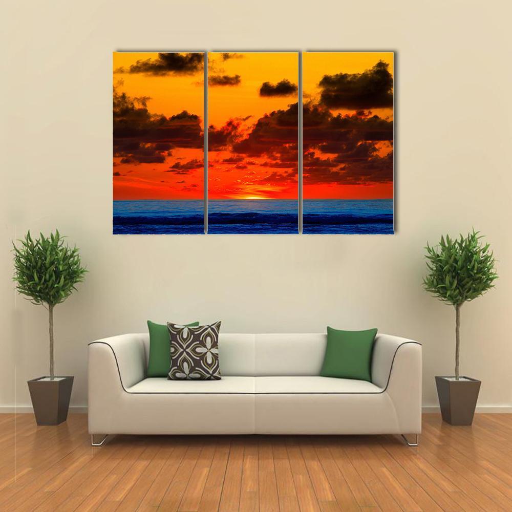 Sunrise With Bright Red Sky On Sea Canvas Wall Art-3 Horizontal-Gallery Wrap-37" x 24"-Tiaracle