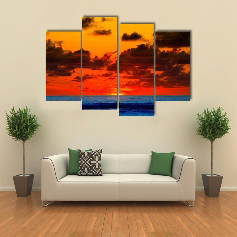 Sunrise With Bright Red Sky On Sea Canvas Wall Art-4 Pop-Gallery Wrap-50" x 32"-Tiaracle