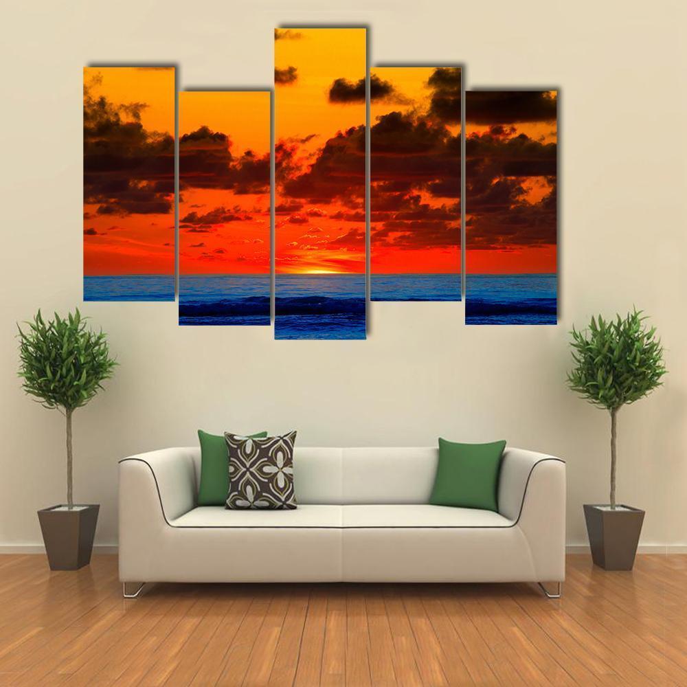 Sunrise With Bright Red Sky On Sea Canvas Wall Art-5 Pop-Gallery Wrap-47" x 32"-Tiaracle