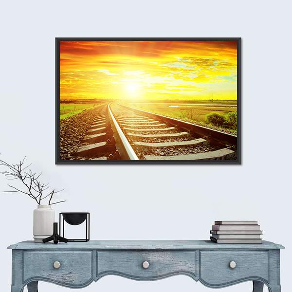 Sunrise With Railway Track Canvas Wall Art-1 Piece-Floating Frame-24" x 16"-Tiaracle