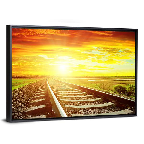 Sunrise With Railway Track Canvas Wall Art-3 Horizontal-Gallery Wrap-25" x 16"-Tiaracle