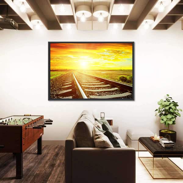 Sunrise With Railway Track Canvas Wall Art-3 Horizontal-Gallery Wrap-25" x 16"-Tiaracle