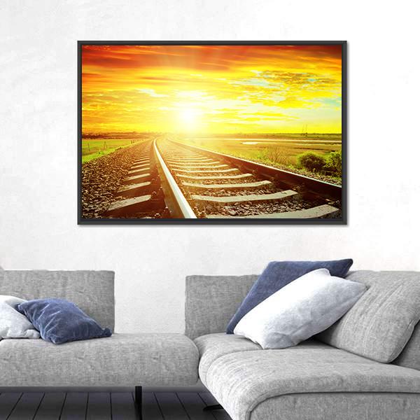 Sunrise With Railway Track Canvas Wall Art-3 Horizontal-Gallery Wrap-25" x 16"-Tiaracle