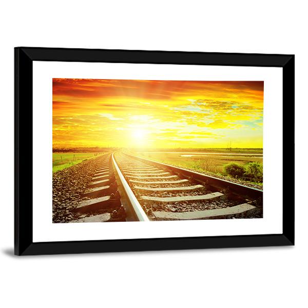 Sunrise With Railway Track Canvas Wall Art-3 Horizontal-Gallery Wrap-25" x 16"-Tiaracle