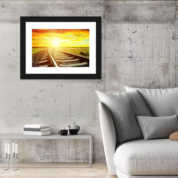 Sunrise With Railway Track Canvas Wall Art-3 Horizontal-Gallery Wrap-25" x 16"-Tiaracle