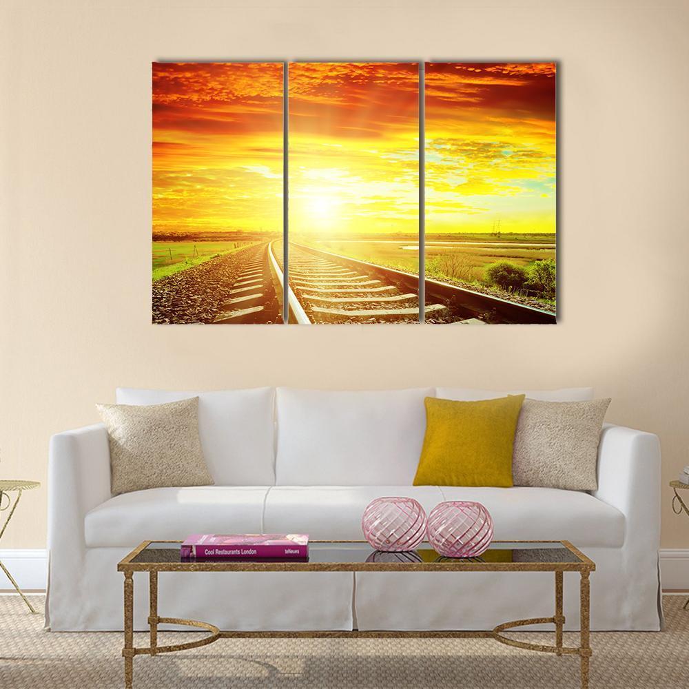 Sunrise With Railway Track Canvas Wall Art-3 Horizontal-Gallery Wrap-37" x 24"-Tiaracle