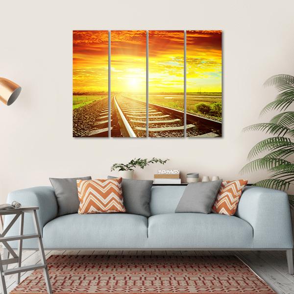 Sunrise With Railway Track Canvas Wall Art-4 Horizontal-Gallery Wrap-34" x 24"-Tiaracle