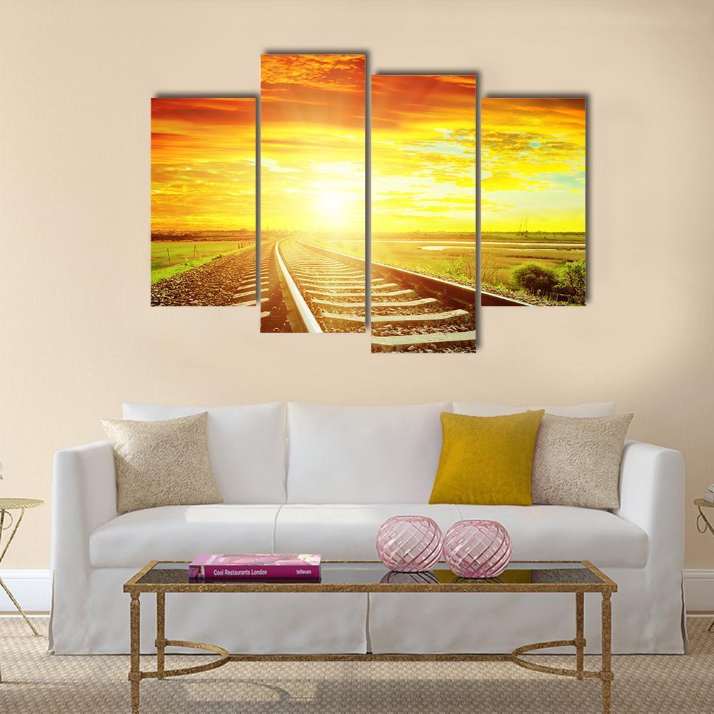 Sunrise With Railway Track Canvas Wall Art-4 Pop-Gallery Wrap-50" x 32"-Tiaracle