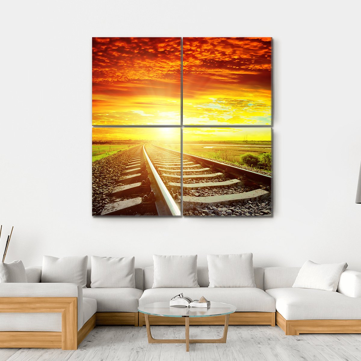 Sunrise With Railway Track Canvas Wall Art-4 Square-Gallery Wrap-17" x 17"-Tiaracle