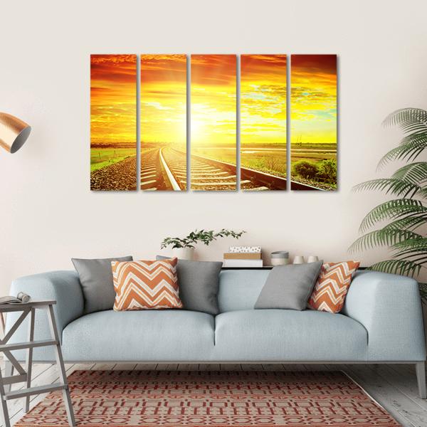 Sunrise With Railway Track Canvas Wall Art-5 Horizontal-Gallery Wrap-22" x 12"-Tiaracle