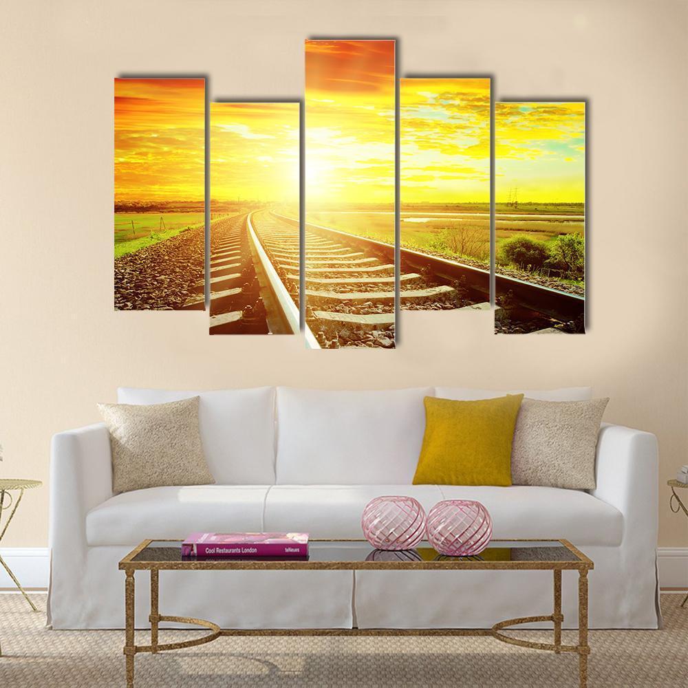 Sunrise With Railway Track Canvas Wall Art-5 Pop-Gallery Wrap-47" x 32"-Tiaracle