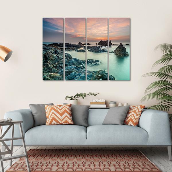 Sunrise With Rocks On The Beach Canvas Wall Art-4 Horizontal-Gallery Wrap-34" x 24"-Tiaracle