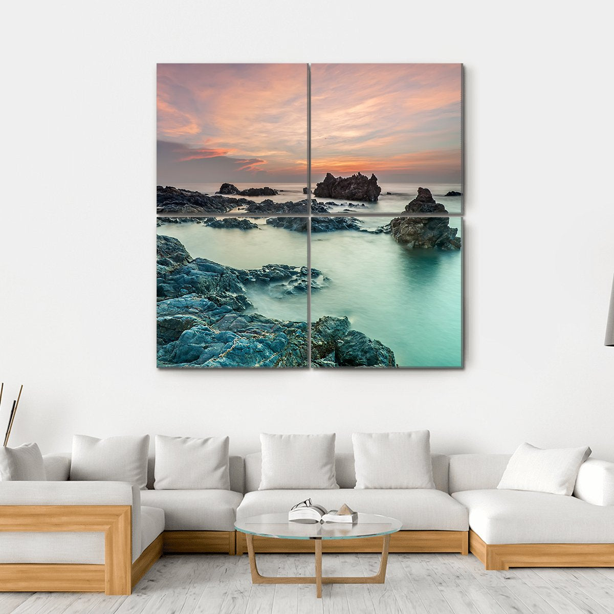 Sunrise With Rocks On The Beach Canvas Wall Art-4 Square-Gallery Wrap-17" x 17"-Tiaracle