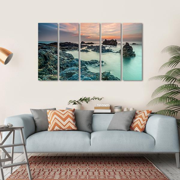 Sunrise With Rocks On The Beach Canvas Wall Art-5 Horizontal-Gallery Wrap-22" x 12"-Tiaracle