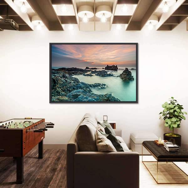Sunrise With Rocks On The Beach Canvas Wall Art-3 Horizontal-Gallery Wrap-25" x 16"-Tiaracle