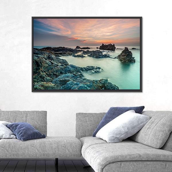 Sunrise With Rocks On The Beach Canvas Wall Art-3 Horizontal-Gallery Wrap-25" x 16"-Tiaracle