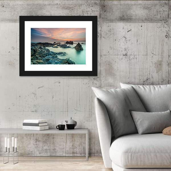 Sunrise With Rocks On The Beach Canvas Wall Art-3 Horizontal-Gallery Wrap-25" x 16"-Tiaracle