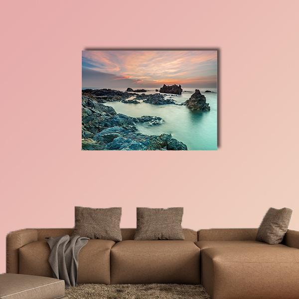 Sunrise With Rocks On The Beach Canvas Wall Art-1 Piece-Gallery Wrap-48" x 32"-Tiaracle