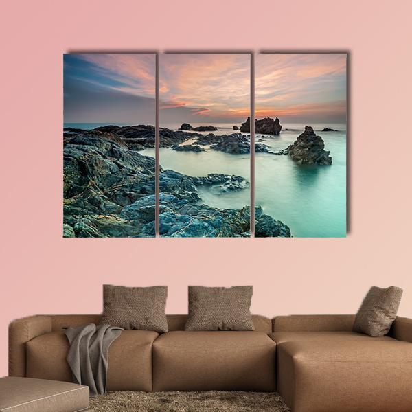 Sunrise With Rocks On The Beach Canvas Wall Art-3 Horizontal-Gallery Wrap-25" x 16"-Tiaracle