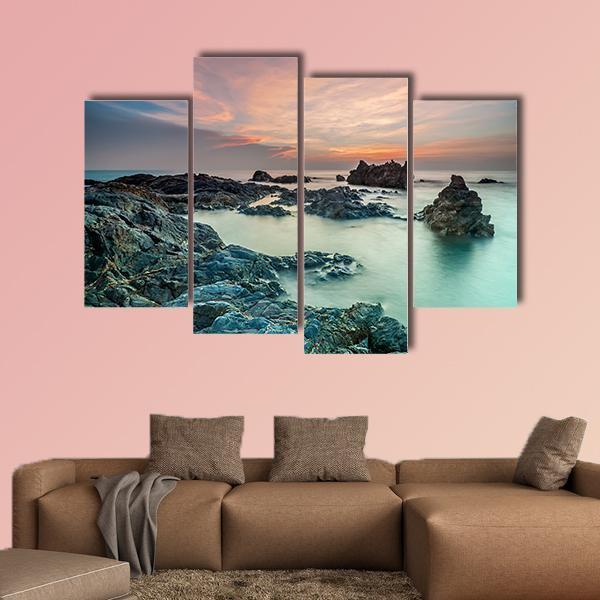 Sunrise With Rocks On The Beach Canvas Wall Art-4 Pop-Gallery Wrap-50" x 32"-Tiaracle
