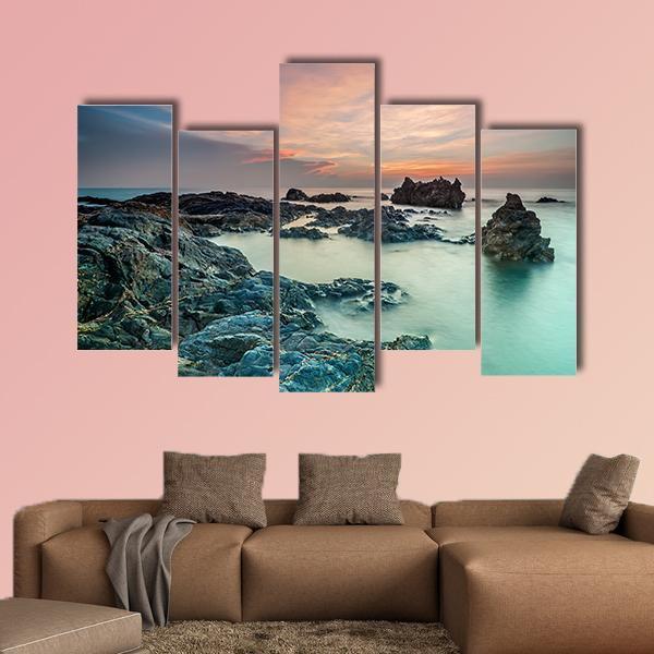 Sunrise With Rocks On The Beach Canvas Wall Art-5 Pop-Gallery Wrap-47" x 32"-Tiaracle