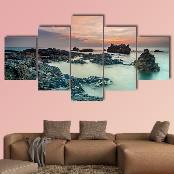 Sunrise With Rocks On The Beach Canvas Wall Art-5 Star-Gallery Wrap-62" x 32"-Tiaracle