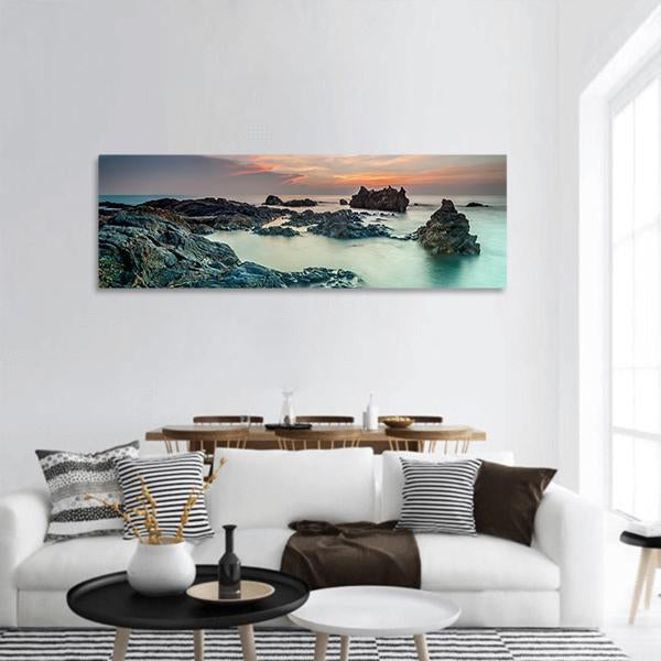 Sunrise With Rocks On The Beach Panoramic Canvas Wall Art-1 Piece-36" x 12"-Tiaracle