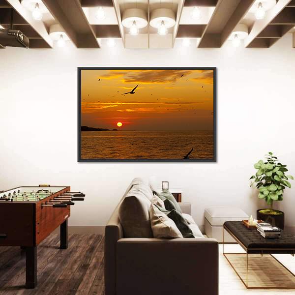 Sunrise With Seagull Canvas Wall Art-3 Horizontal-Gallery Wrap-25" x 16"-Tiaracle