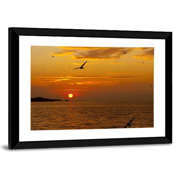 Sunrise With Seagull Canvas Wall Art-3 Horizontal-Gallery Wrap-25" x 16"-Tiaracle