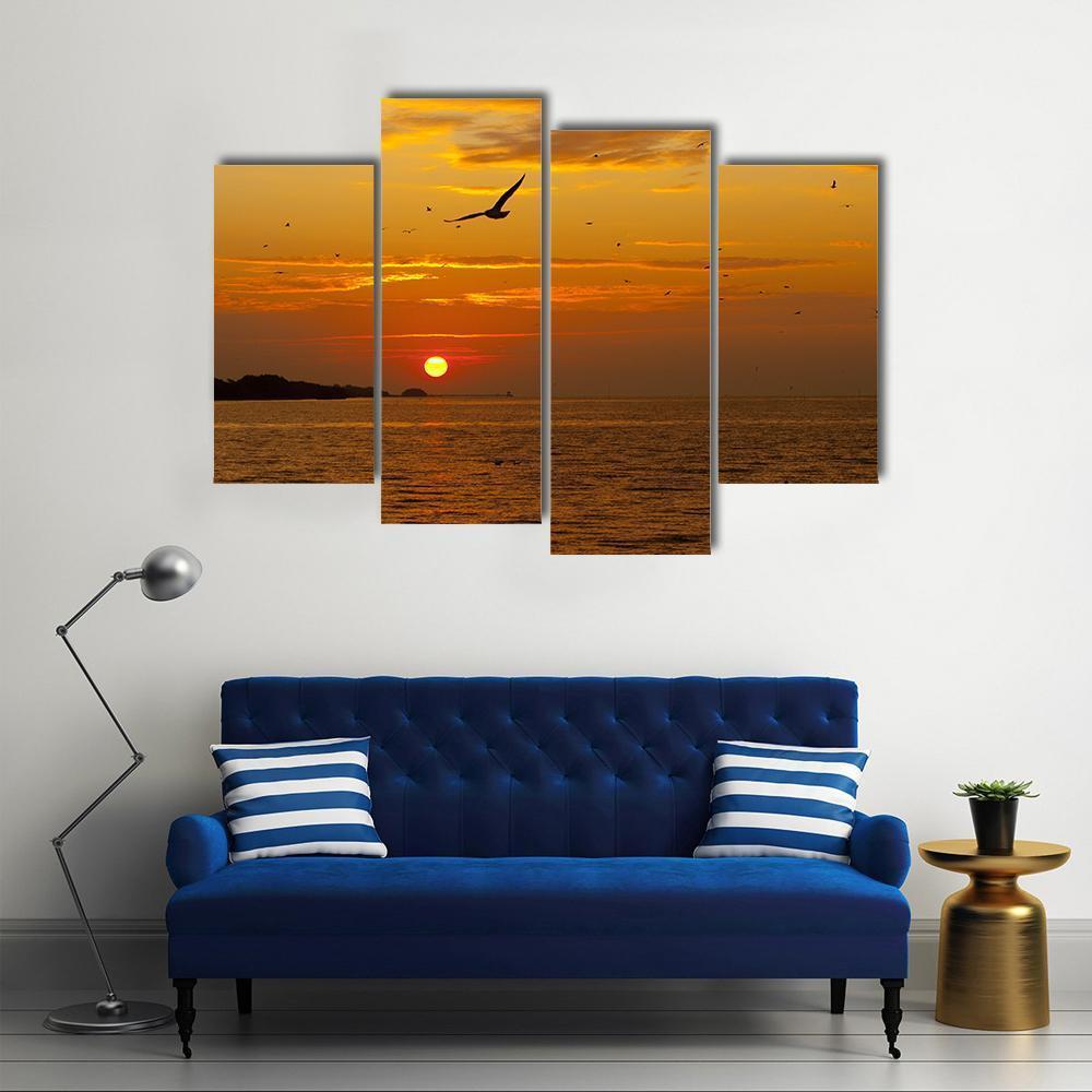 Sunrise With Seagull Canvas Wall Art-4 Pop-Gallery Wrap-50" x 32"-Tiaracle