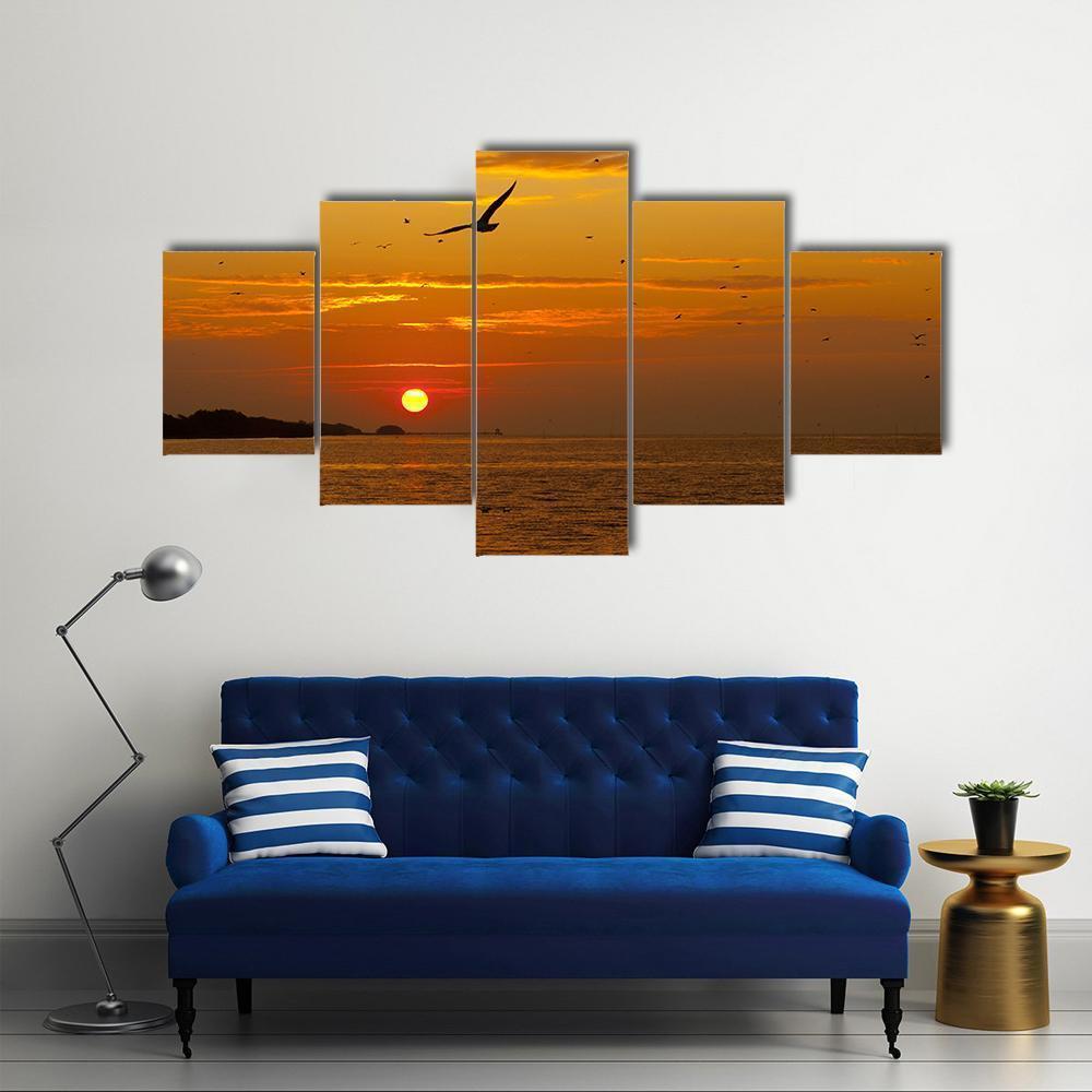 Sunrise With Seagull Canvas Wall Art-5 Star-Gallery Wrap-62" x 32"-Tiaracle